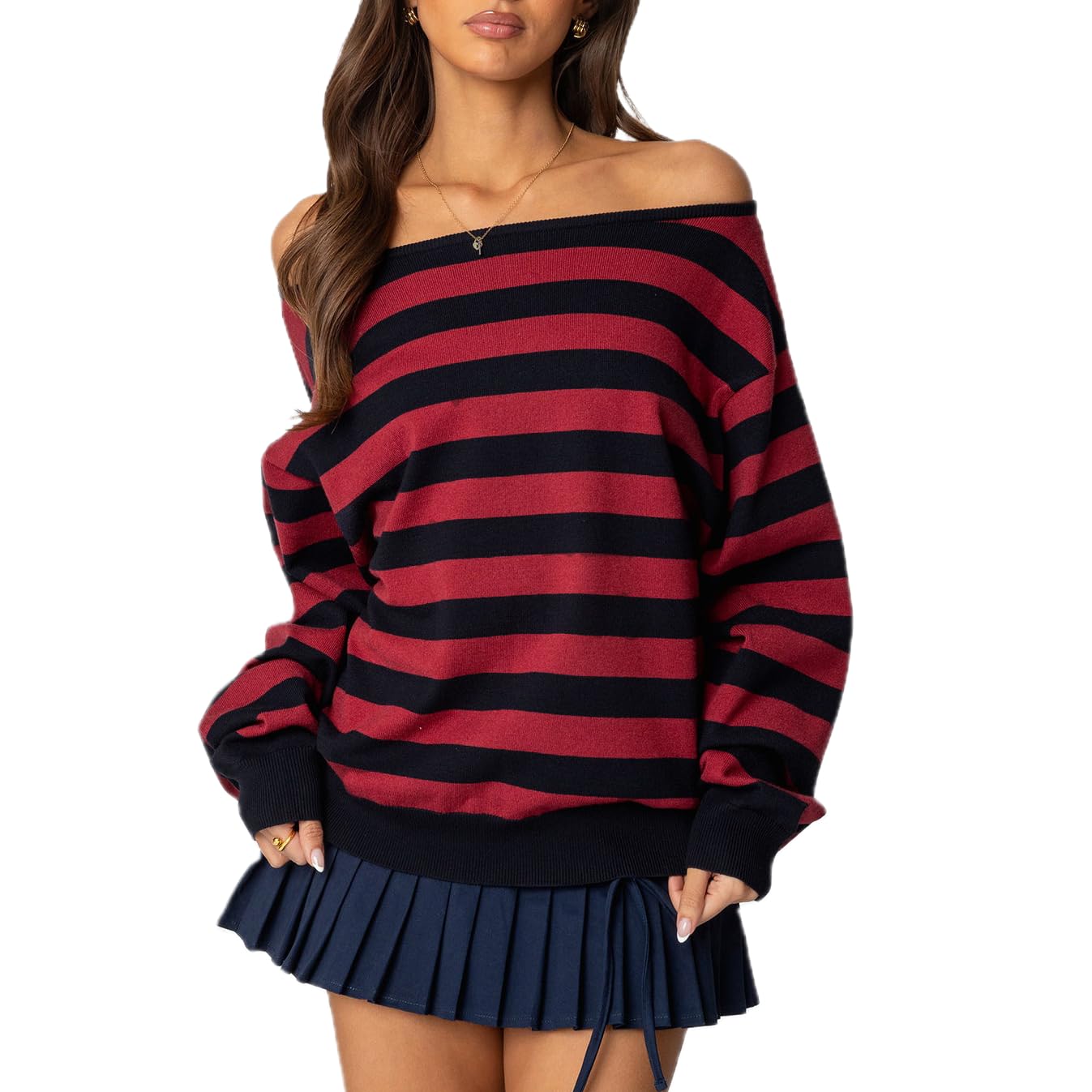 Striped Off Shoulder Sweater Women Teens Long Sleeve Oversized Knit Sweaters Y2K Vintage Fall Pullover Crop Tops
