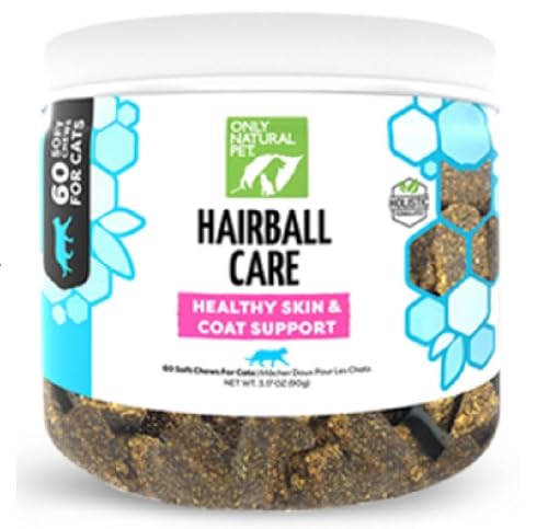 Only Natural Pet Hairball Care - Healthy Skin and Coat Support - Soft Chews for Cats – Digestive Supplement – Chicken and Liver Flavor – 60 Count