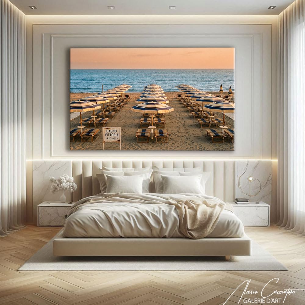 Alessio Cacciatore Quadro da spiaggia in sabbia – Poster decorativo da parete con tramonto, stampa su tela, paesaggio naturale, quadro di bordo del mare, grande formato, cornice decorativa da parete