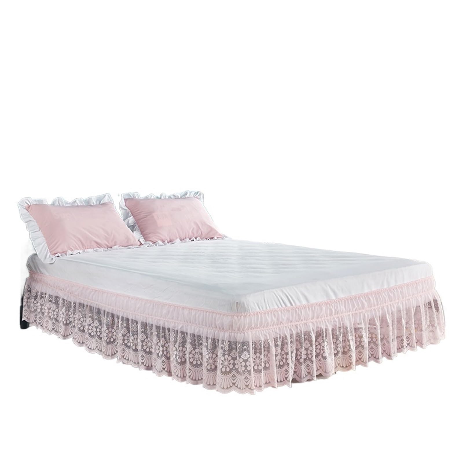 Bed Skirt Elastic Wrap Around 15 Inch Drop Pretty Ruffles Trimmed Lace Bed Skirts Valance with Around Elastic Belts-Anti Wrinkle & Fade Resistant Fabric(Pink,Full 120x200x38cm)