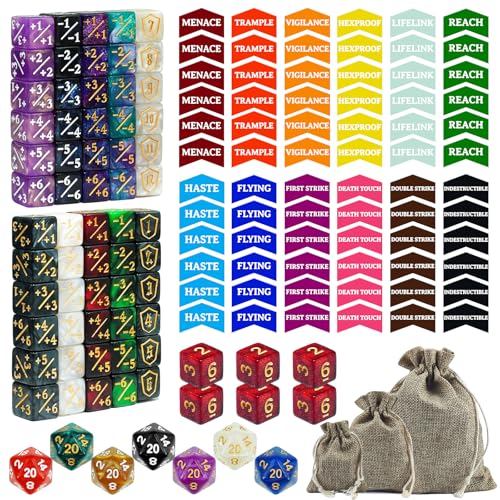 145PCS MTG Dice Set Keyword Tokens Dice Counters +1/ 1 Counters Shield Tracking& D20 Life Dice Storage Box Drawstring Bags for Magic The Gathering Cards Gaming Accessories