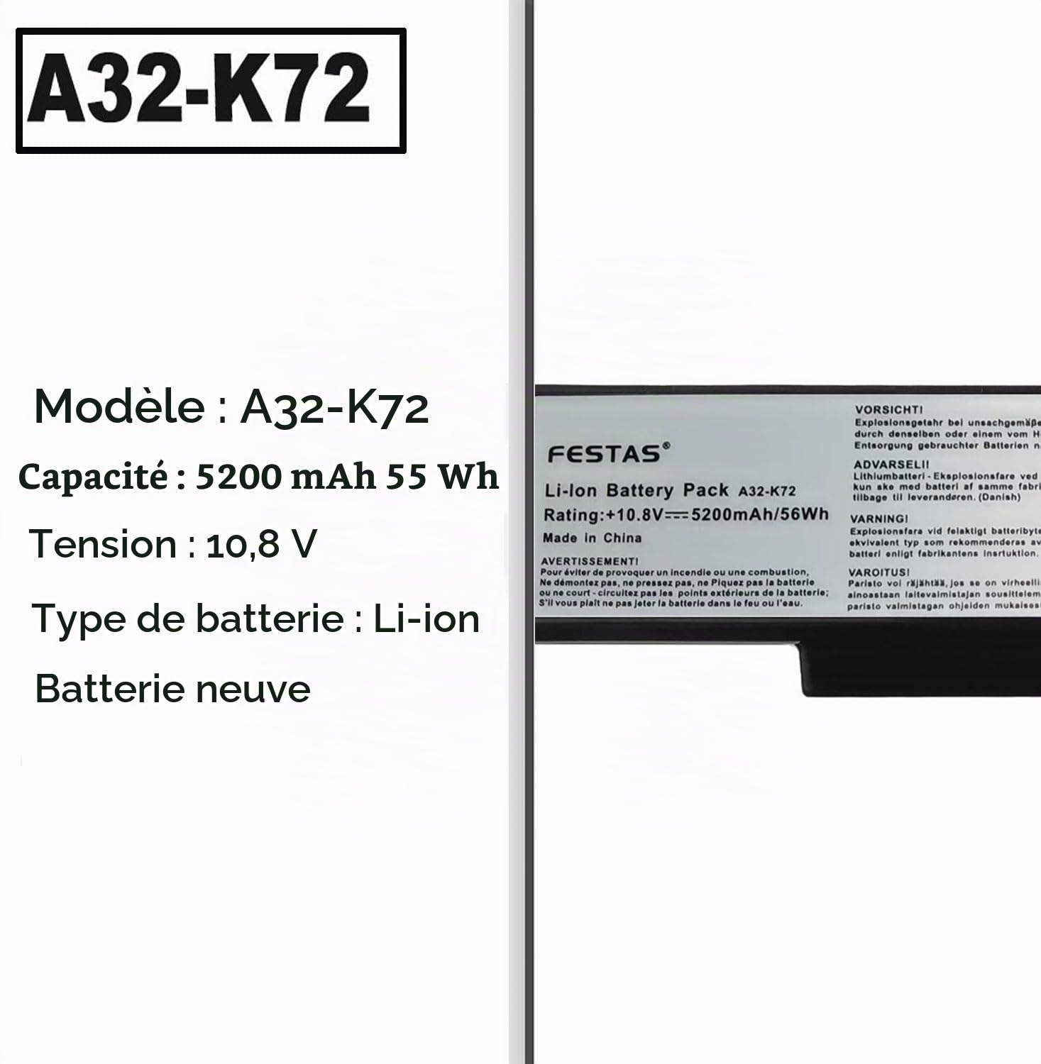 FESTAS 5200mAh A32-K72 Batterie Compatible avec ASUS K72 K72F K72J K73S | K73SV K72D K72DR K72DY K72JK K72JR K72JV A72 N71 N71J N73S N73SV N71JV N71V N73 N73J X73S X77 X73E X73 X73BY X73SD X73SV X73T