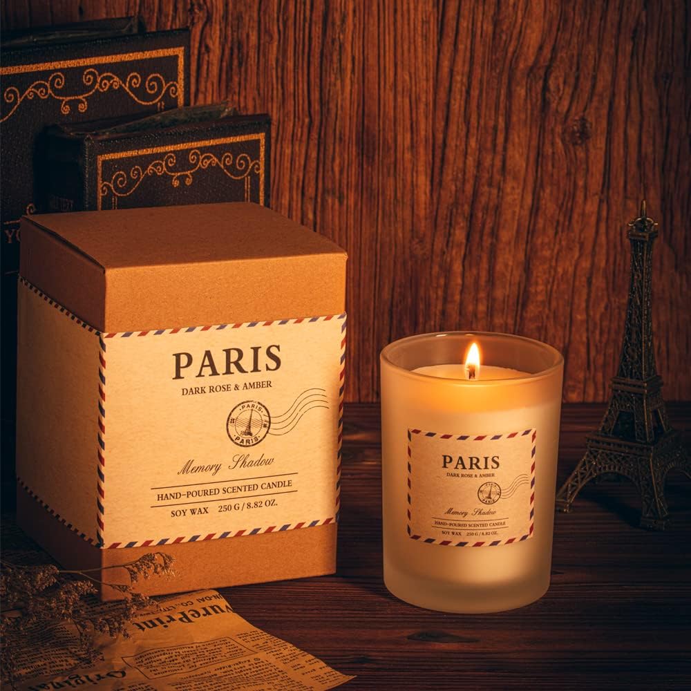 Memory Shadow Hand-Poured Scented Jar Candle - Aromatherapy Scented Candles, Paris - Long Lasting Soy Wax Candle - Single Wick - Scents of Dark Rose & Amber, 8.82 oz : Home & Kitchen