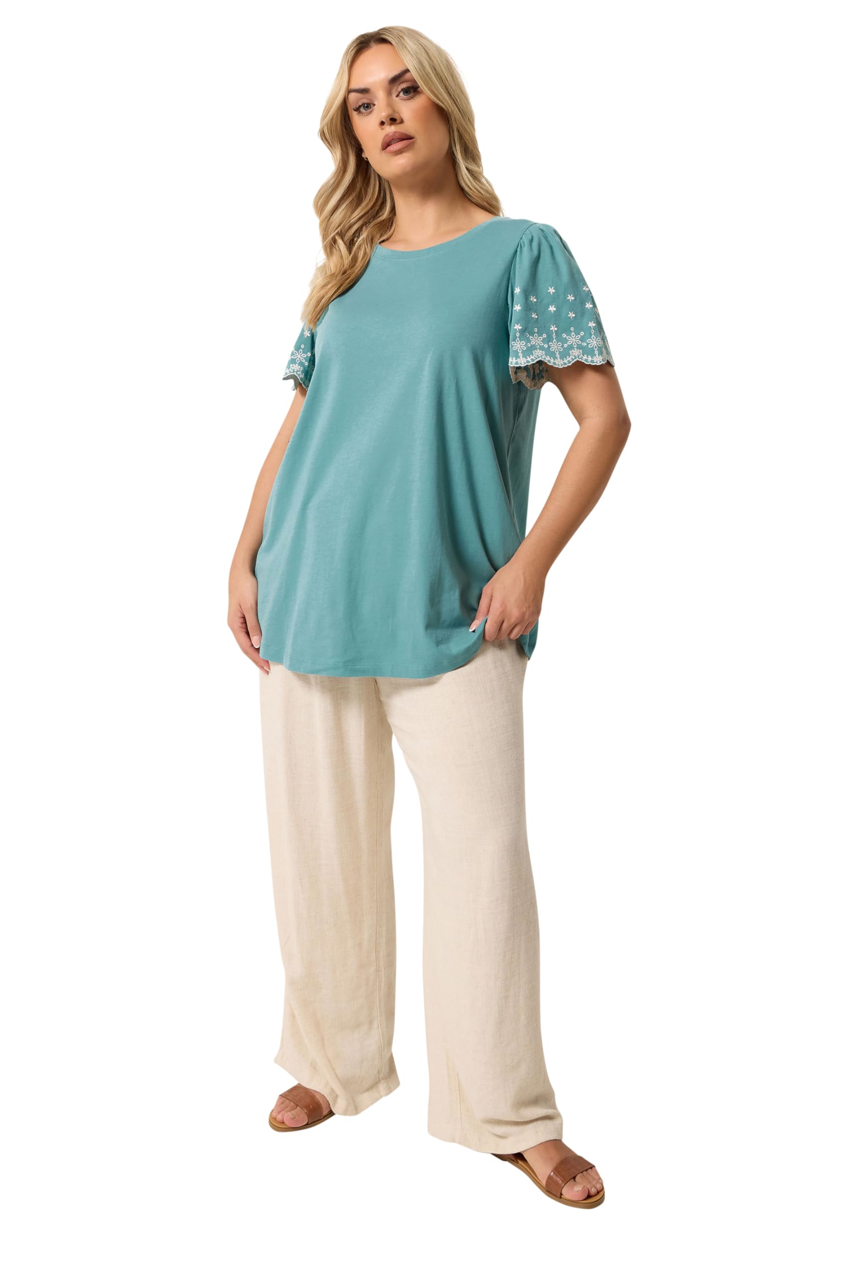 Yours Women's Light Blue Embroidered Sleeve T-Shirt In | Size: 16
