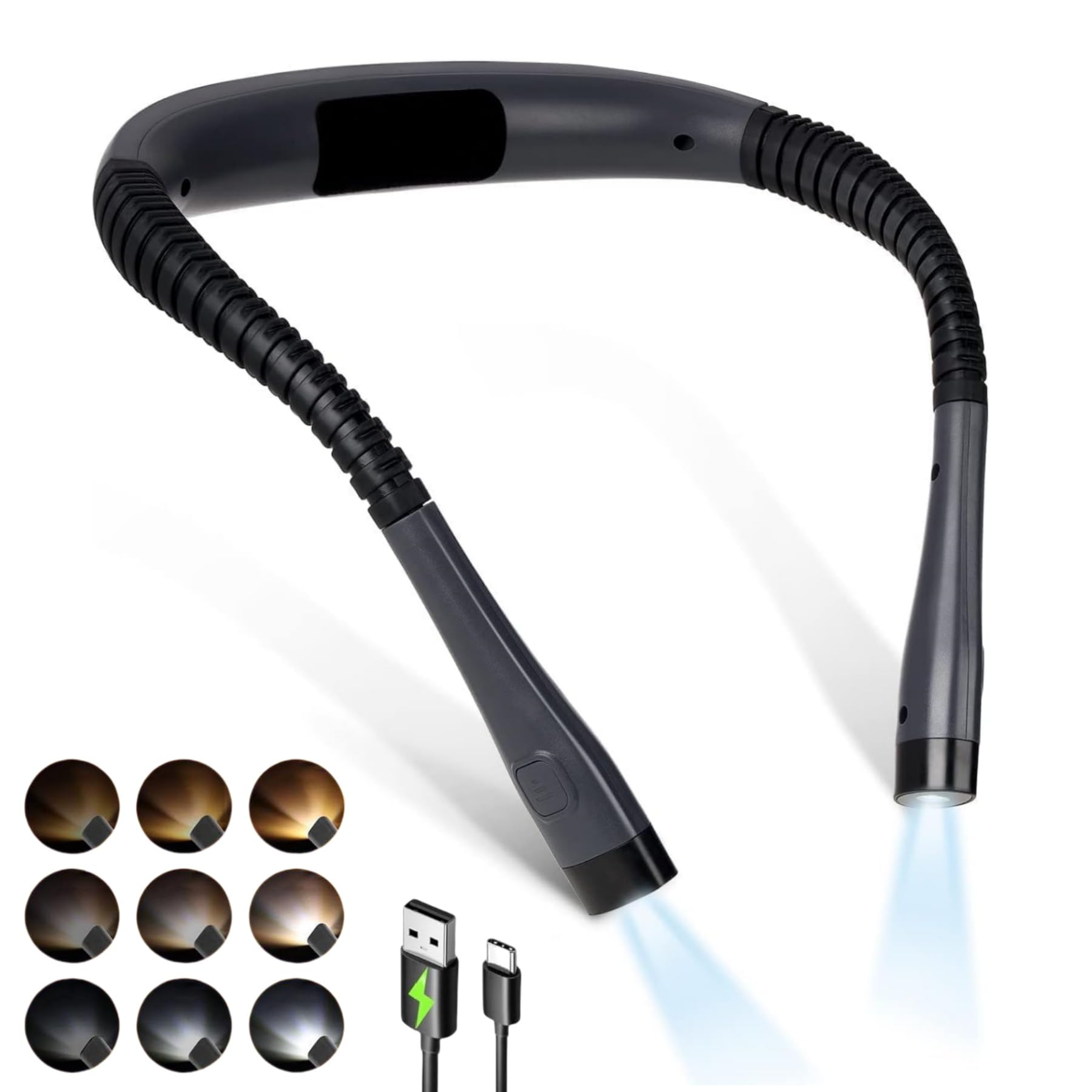 Luz de Lectura Cuello, Luz Lectura Libros Cama Recargable, Luz para Leer Libros con 3 Colores Modos Protección Ocular y 3 Brillos, Recargable & Larga Duración, Ideal para Tejer, Reparar, etc.(Negro)