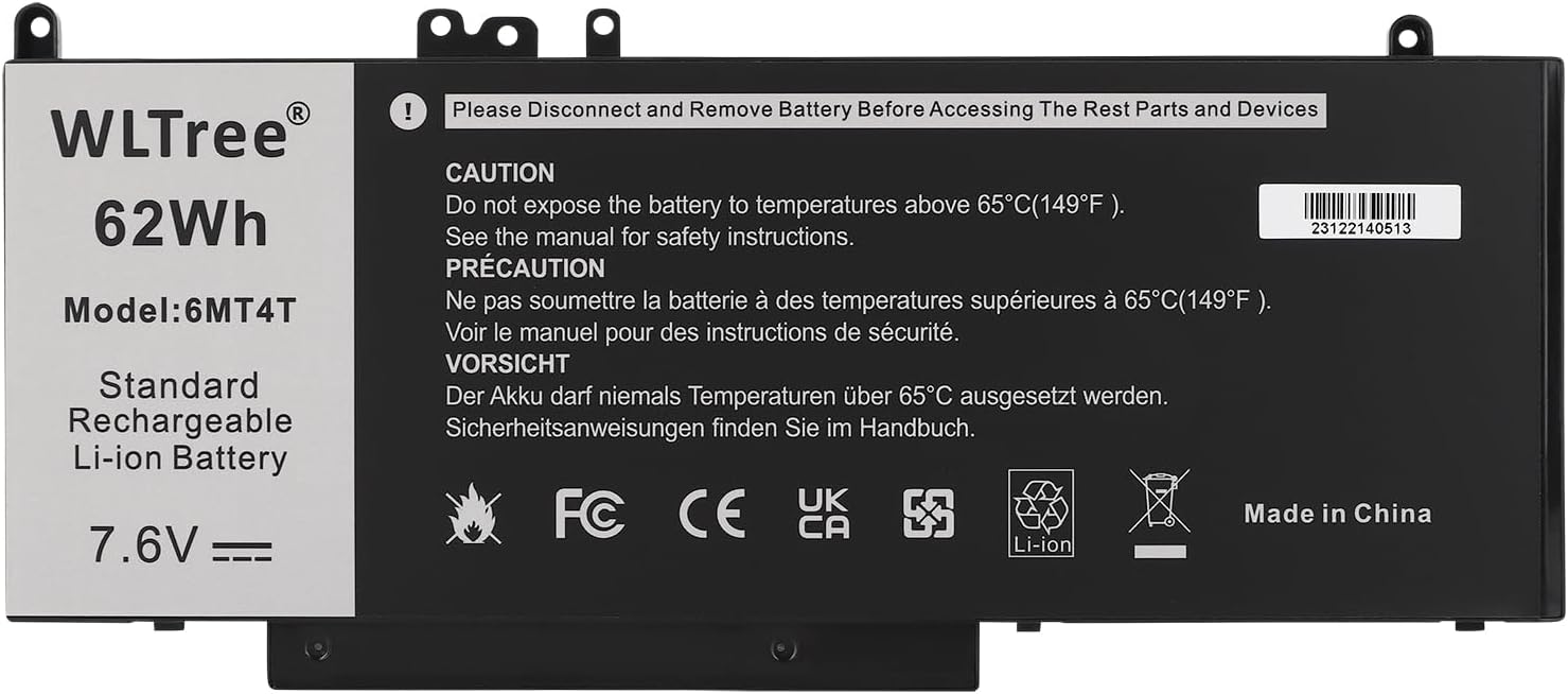 WLTree 62Wh 6MT4T Laptop Akku für Dell Latitude E5470 E5570 E5270 Precision 3510 Mobile Workstation 7V69Y TXF9M 79VRK 07V69Y WYJC2 VMKXM 6MT4T 0HK6DV 079VRK 0TXF9M 451-BBUN 451-BBTW 0C1P4 Battery