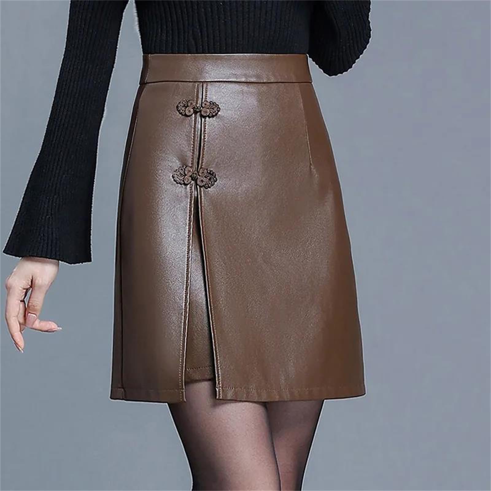 Falda de piel sintética para mujer, elegante falda de invierno, corte entallado, falda acampanada, faldas cortas para mujer