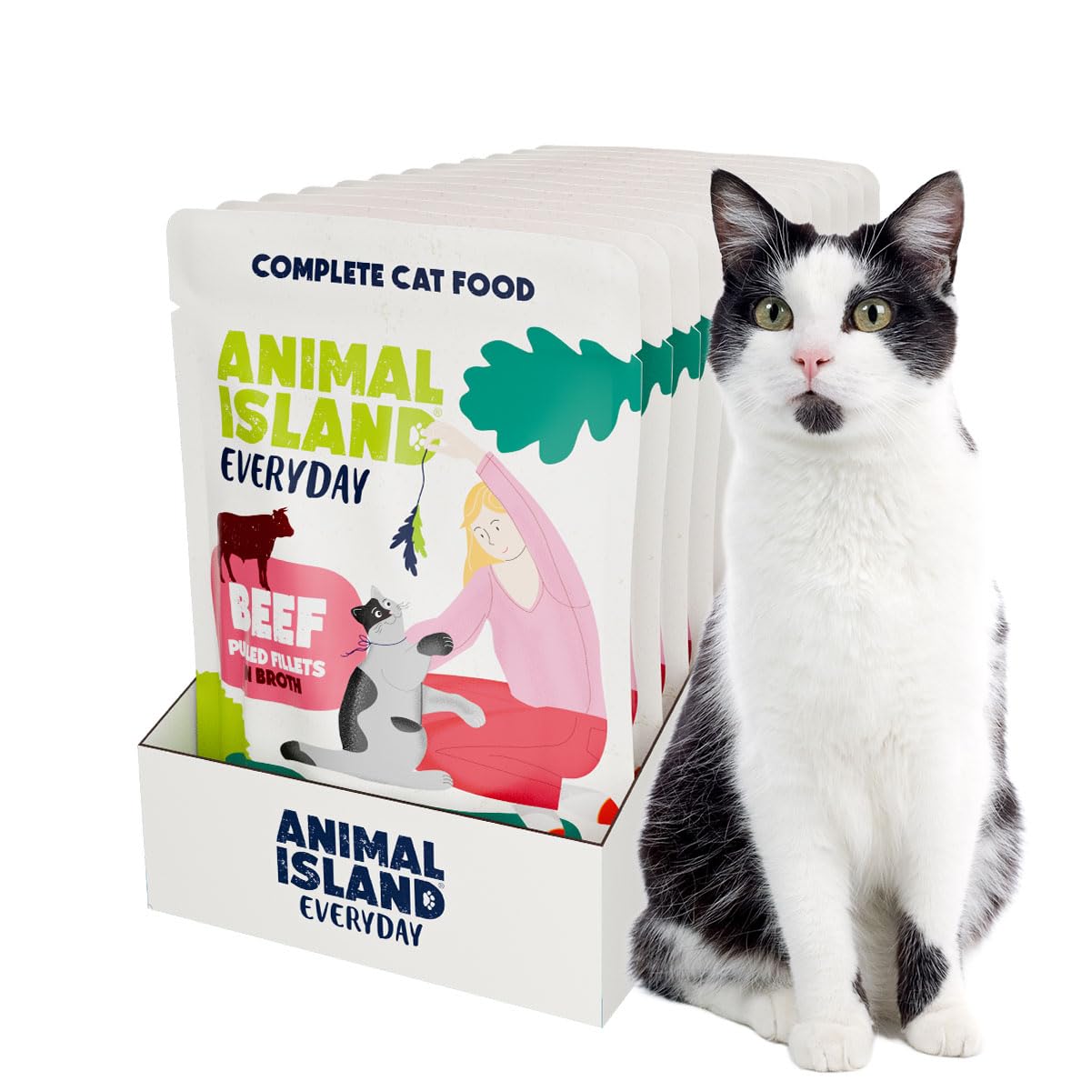 Animal Island Comida Húmeda para Gato Adulto Multipack Everyday Ternera Deshilachada en Caldo Trozos de Carne sin Cereales Alimento Completo Pack Ahorro Bolsitas Textura Tierna en Salsa, 12 x 85g