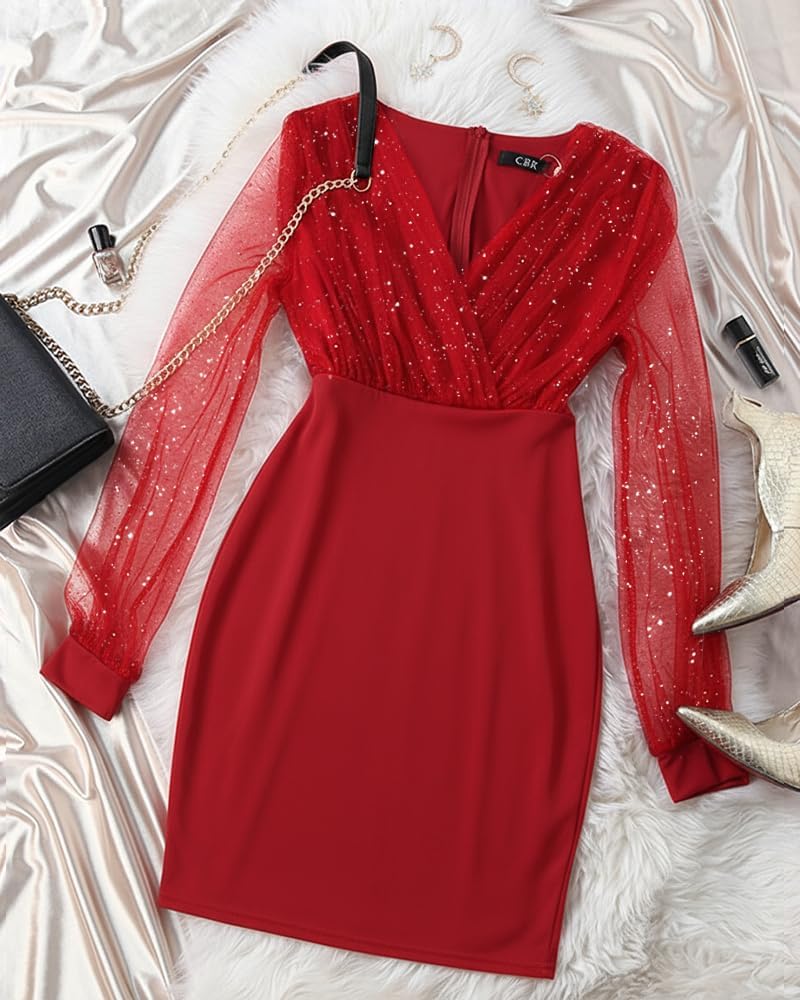 CHICME Women's Glitter Party Dress V-Neck Mesh Sheer Lantern Sleeve Mini Dresses Zipper Back Slim Fit Evening Dress - Image 5