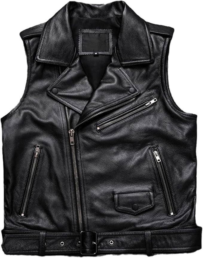 Distressed Motorcycle Passing Link Sleeveless Cowhide Motorcycle Black Leather Vest for Men