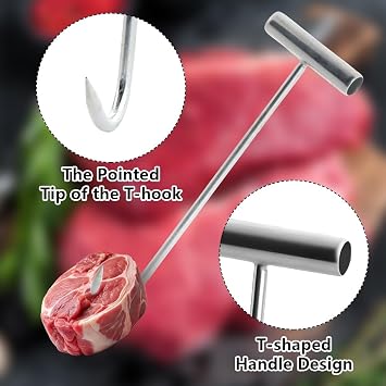 2 Pack Meat Hook, T Hooks, 11.8 Inch T Handle Meat Boning Hook, T Shaped Butcher Hooks for Kitchen Butcher Shop Restaurant BBQ Tool, High Temperature Quenching, High Strength, Silvery