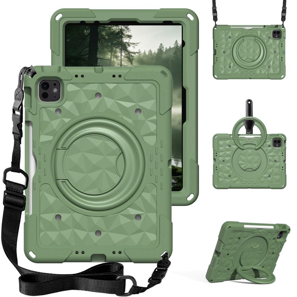 Coque iPad Pro 11 2022 antichoc vert armée avec support rotatif en silicone rigide