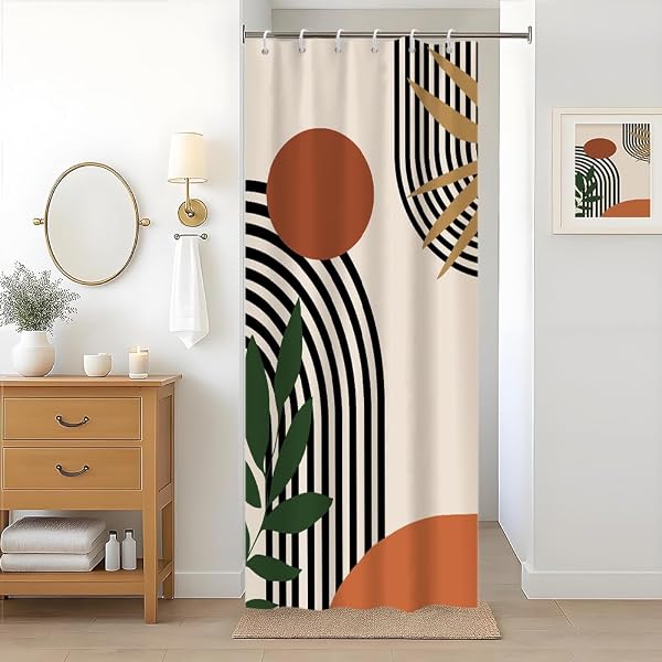 Tenda Doccia Antimuffa, Tenda da Doccia Piccola 90x180cm Terracotta Boho Chic Foglie Verde Astratta Arancia Tende da Bagno Tessuto Lavabile Impermeabile Tende per Vasca da Bagno con 6 Anelli - 1