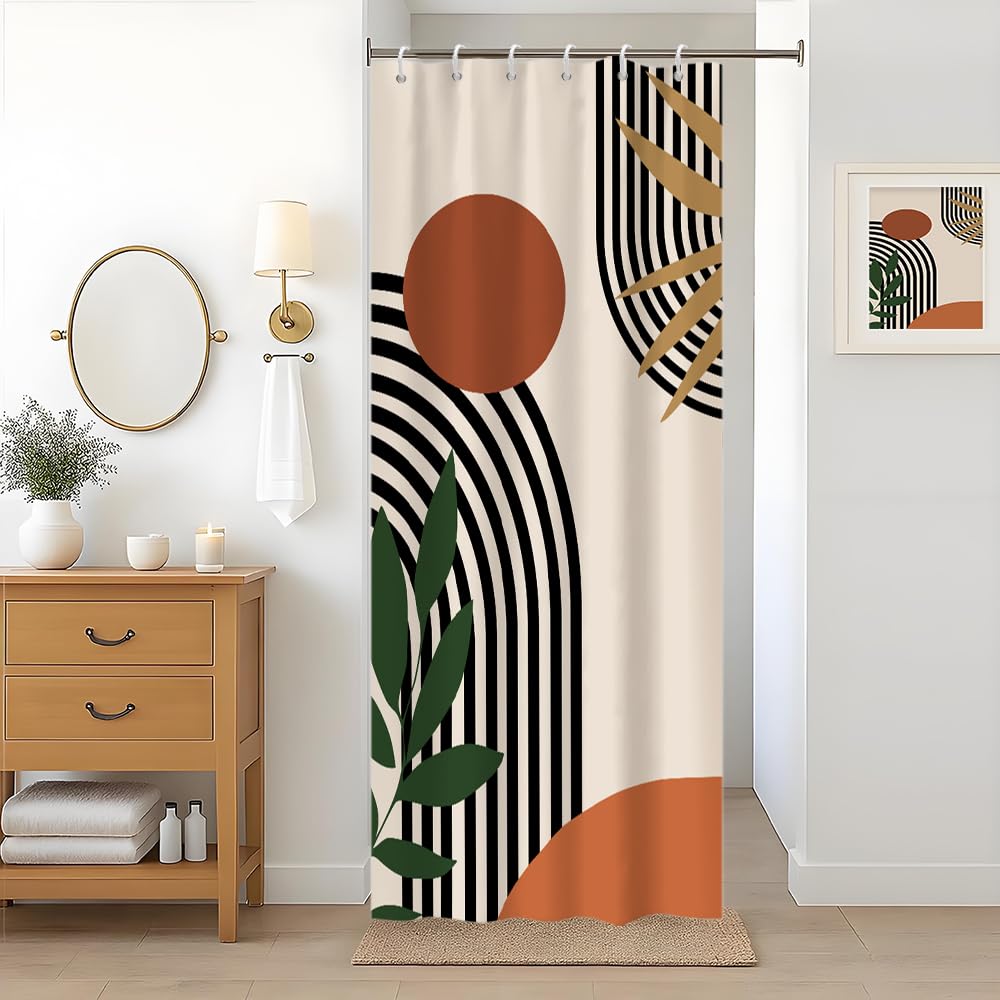 Rideau Douche Anti Moisissure, Rideau de Douche Terracotta 90x180cm Tissu Lavable Étroit Orange Boheme Rideaux de Baignoire Abstrait Petit Imperméable Rideaux Salle de Bain avec 6 Crochets