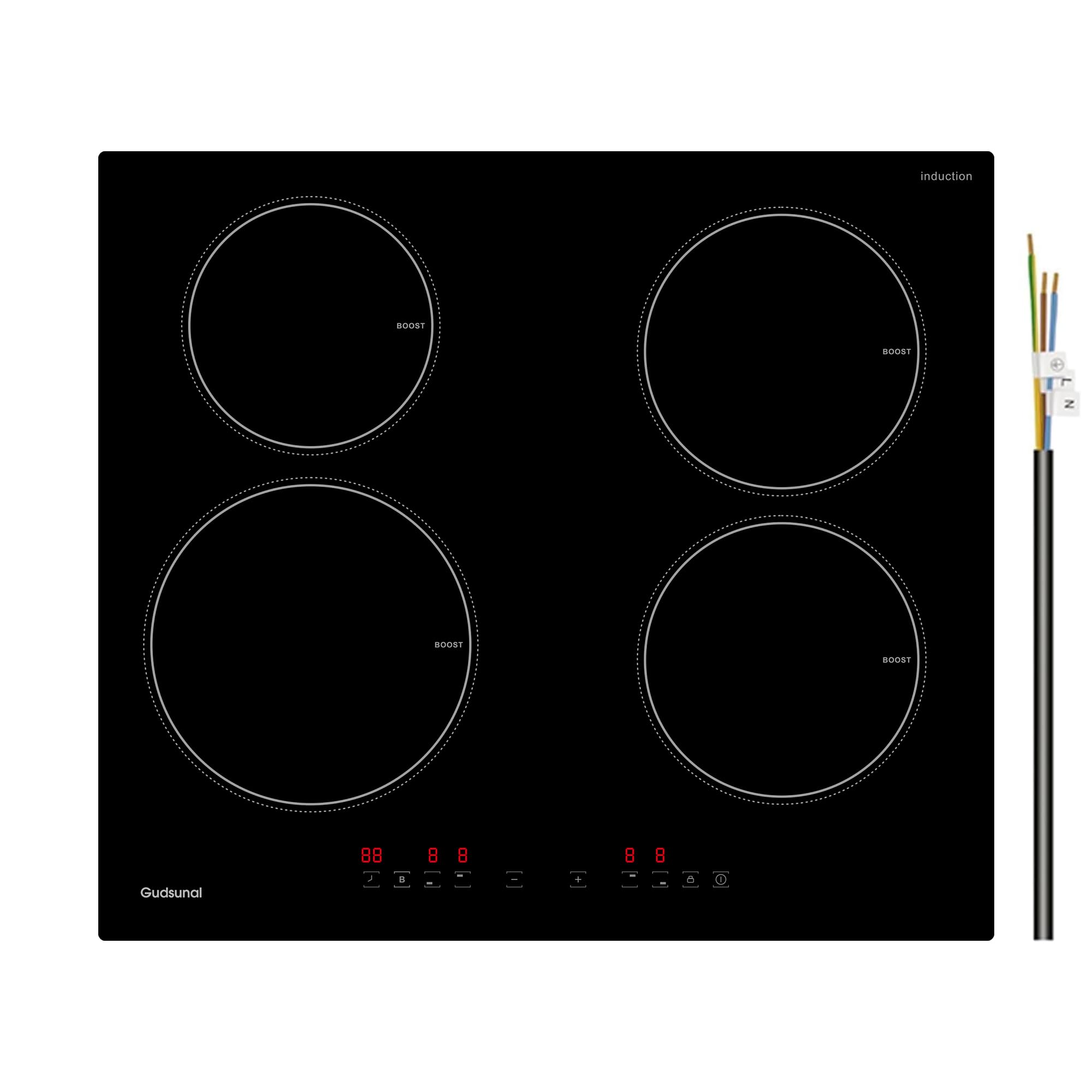 Induction Hob, 4 Cooking Zone, 60 cm, 7200W, Continuous Low Power Heating, Booster, 9 Heat Levels, Timer, Auto Shut-Off, Child Safety Lock, Pan Sensor,Hard Wired, No Plug