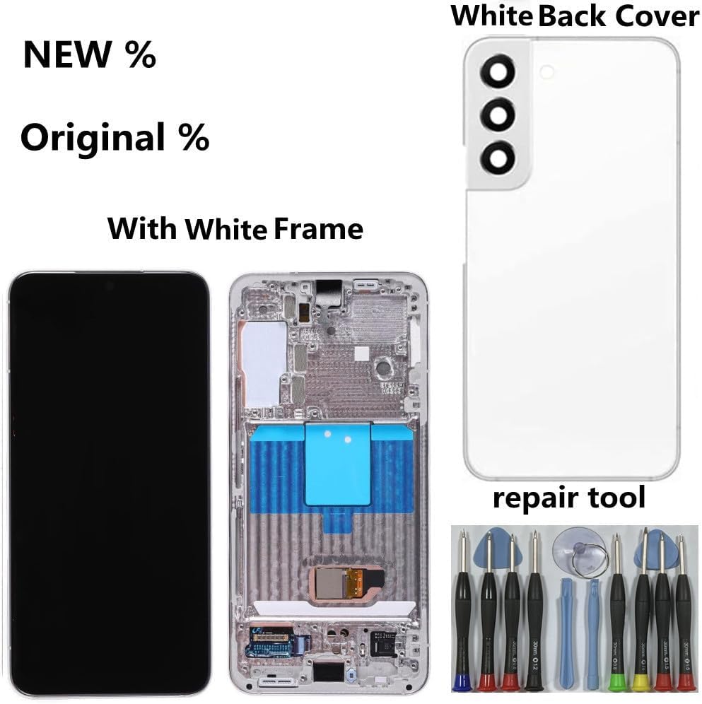 6.6" AMOLED Original for Samsung Galaxy S22 Plus Display Touch Screen Digitizer Assembly S22Plus 5G S906U S906B/DS S906U1 S906W S906E LCD Screen Replacement (with White Frame+Back Cover+Tools)