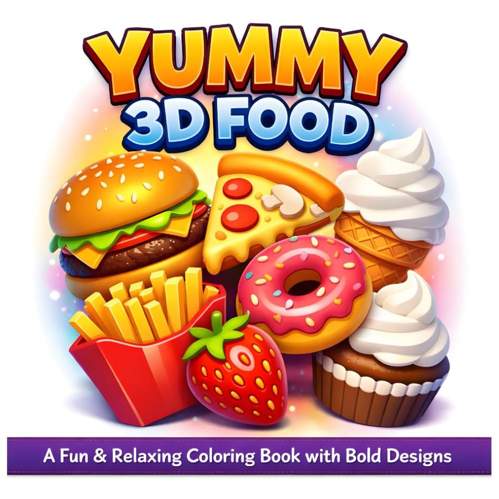 Yummy 3D Food Coloring Book for All Ages: Fun & Relaxing Cute Food Coloring Pages with Bold Designs