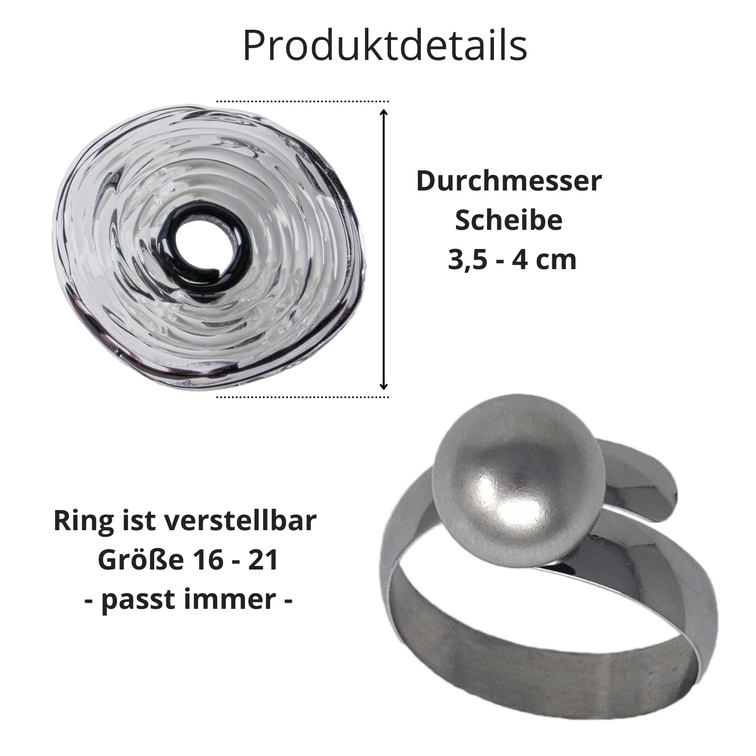 Edelstahl-Ring mit Scheibe aus Murano-Glas in grau/PASST IMMER/verstellbar (16-21) / Wechsel-Ring/Personalisiertes Geschenk für sie zu Valentinstag Jahrestag Hochzeit Geburtstag Mama