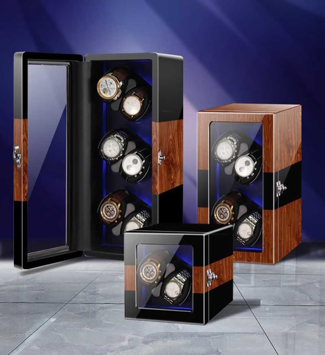 Caricatore Automatico per Orologi da Uomo E da Donna con Luci A LED E Motore Silenzioso. Scatola Porta Orologi per 2, 4, 6 O 8 Orologi. Custodia Rotante.(Nero-6+0)