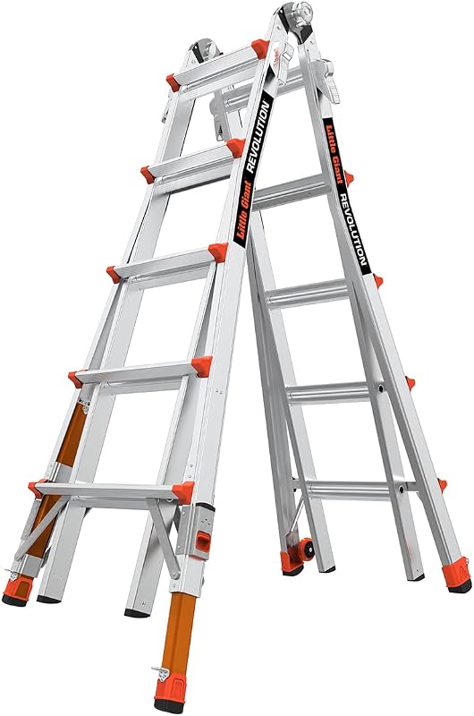 Escalera de revolución, niveladores de piernas, alcance de 22 pies, 13122-801 | Escalera telescópica multiposición, niveladores de piernas integrados, aluminio ligero, pies antideslizantes, clasificación de peso de 300 libras