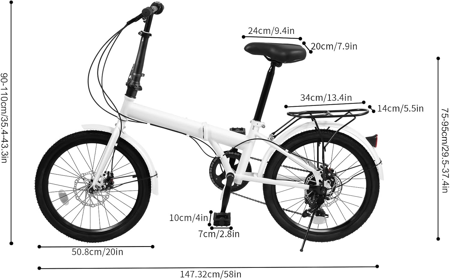 7 Speed Folding Bike, 20-Inch Foldable Bike Height Adjustable High Carbon Steel Frame Dual Disc Brakes Folding Bicycle for Adults Youth Men Women (White)…