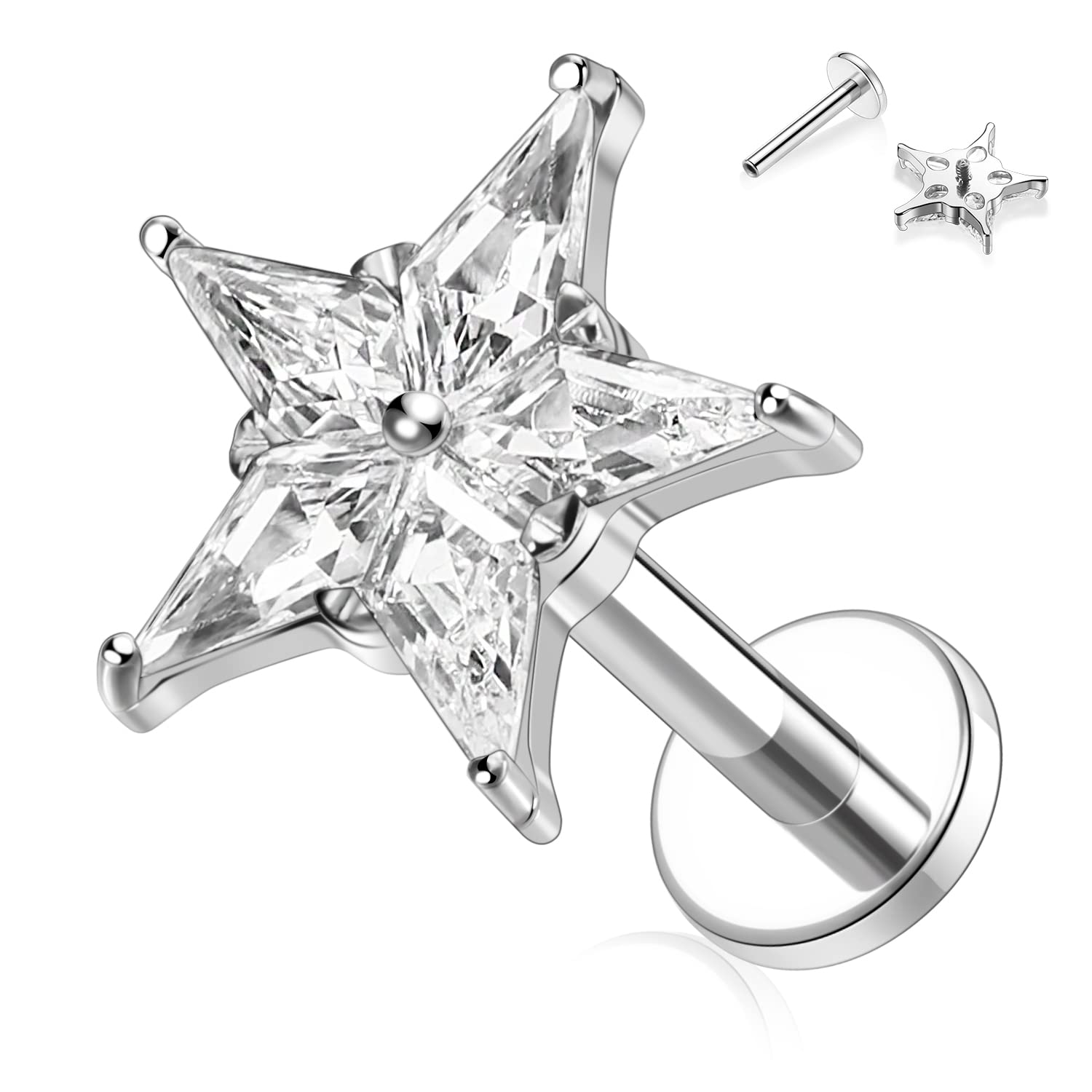 hengkaixuan 16G Titanium Labret Studs - Internally Threaded Flatback - Unisex - Silver - Piercing Jewellery — view 16
