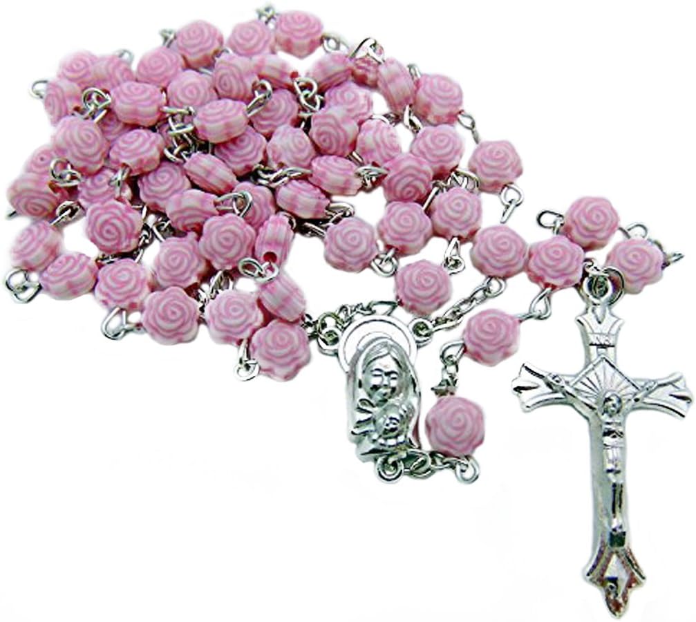 CB Catholic Mothers Day Rosary with Pink Rose Bud Shaped Beads 22 Inches Long