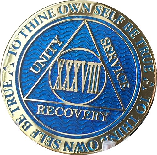 RecoveryChip 38 Year Reflex Blue Gold Plated AA Medallion Alcoholics Anonymous Chip