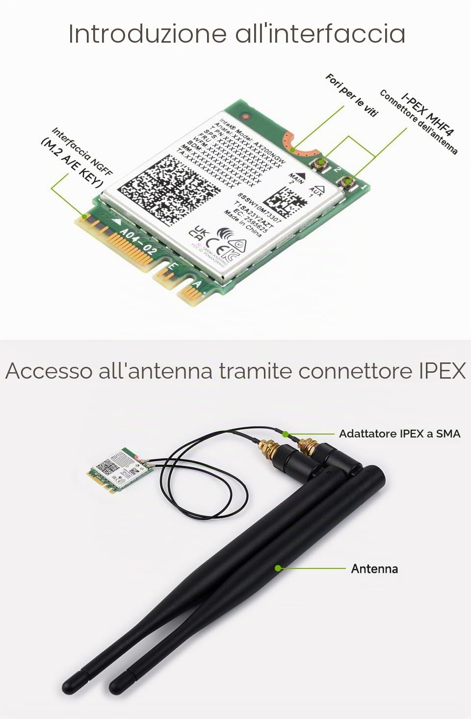Waveshare Scheda NIC Wireless AX210 Gigabit Tri-Band Wi-Fi 6E M.2 802.11AX Standard BT5.3