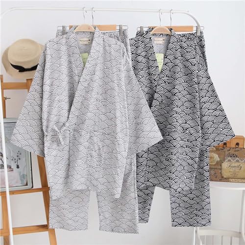 Kimono Japanese Shirt and Pant, Cotton Linen Loungewear Lounge Set Spa Bathrobe, Black Waves3