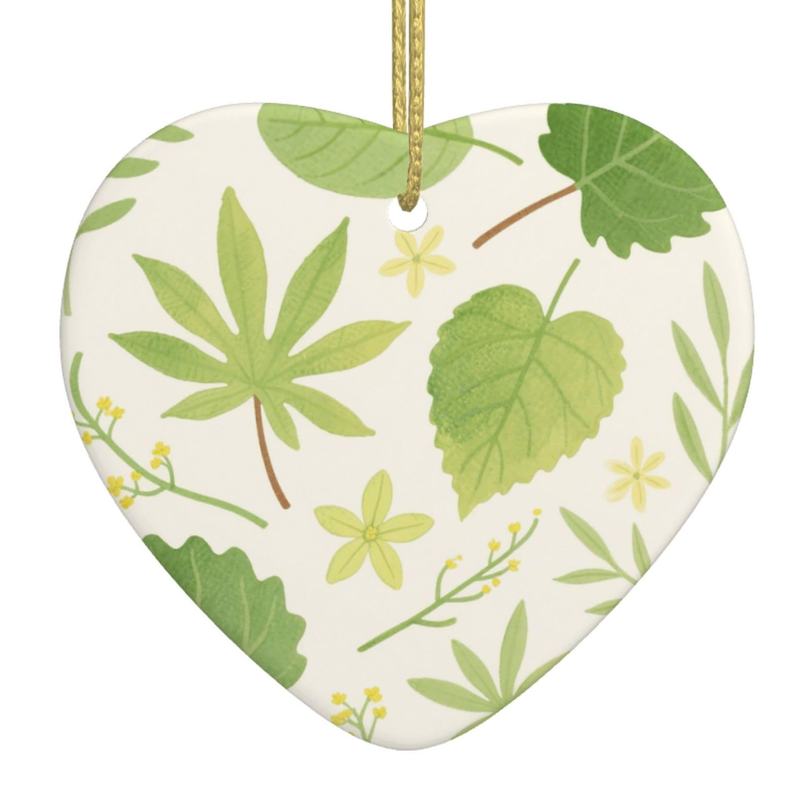 Watercolor Green Leaves Christmas Ornament 2025 Heart Ceramic Hanging Ornaments for Home Decor Christmas Decorations with Gold Rope Double-Sided Xmas Tree Ceramic Hanging for Holiday Party
