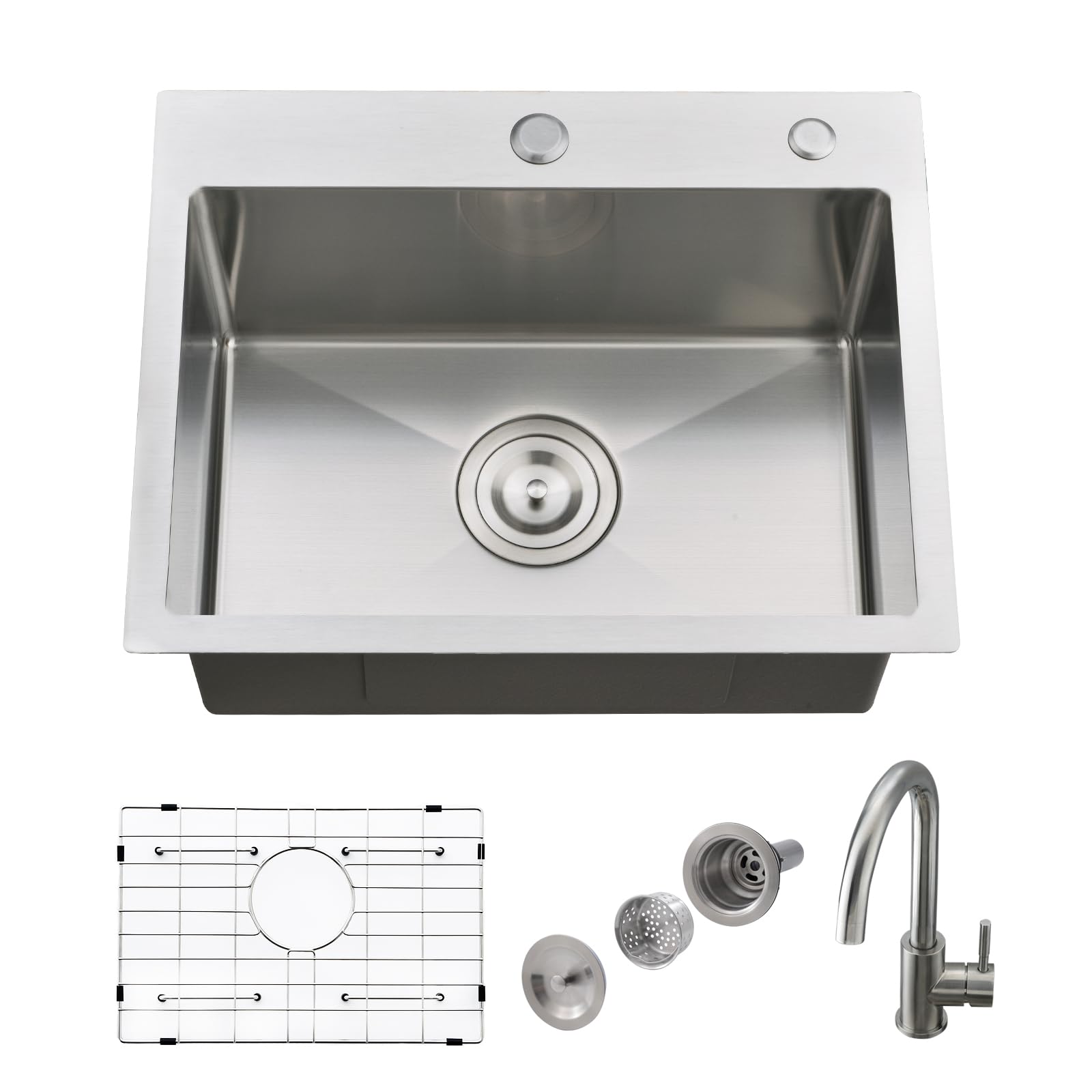 Drop In Kitchen Sink with Faucet Combo, 21 x 18 Inch Single Bowl Outdoor Kitchen Sink 18 Gauge Stainless Steel Handmade RV Wet Bar Prep