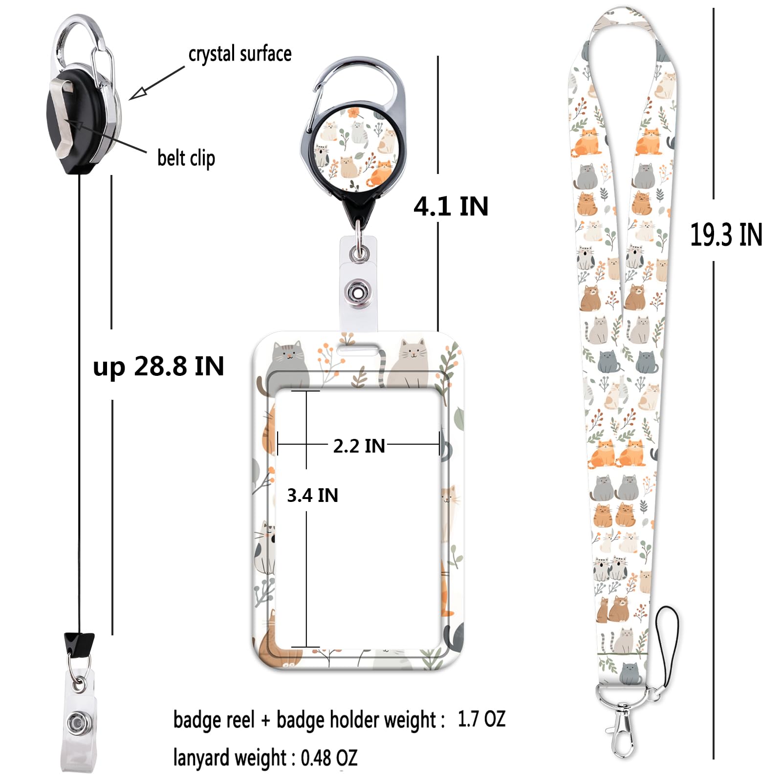 Cute Cats ID Badge Holder & Retractable Badge Reel Clip Keychain Lanyard for Women Girls Nurse Teachers Kids for ID Badges Keys Preppy School Neck Lanyard ID Holder