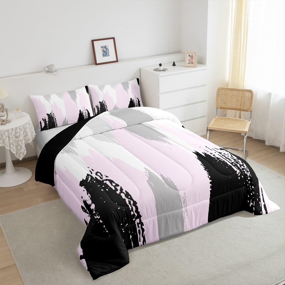 Feelyou Boys Girls Geometric Bedding Set Toddler Size, Pink Grey Black Comforter Set Abstract Duvet Insert Kids Teens Bedroom Decor 2Pcs