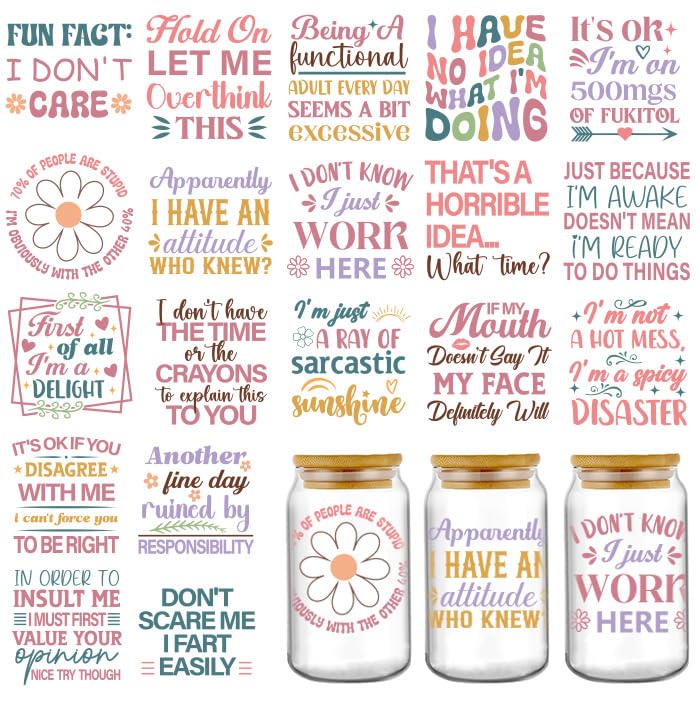 AFRITEE Transfer UV DTF Decals - 20 Sheets Funny Uvdtf Tumbler Wraps for 16 oz Glass Mugs Cups Sarcastic Tumblers Decal Stickers for DIY Laptop Phone Case Decoration