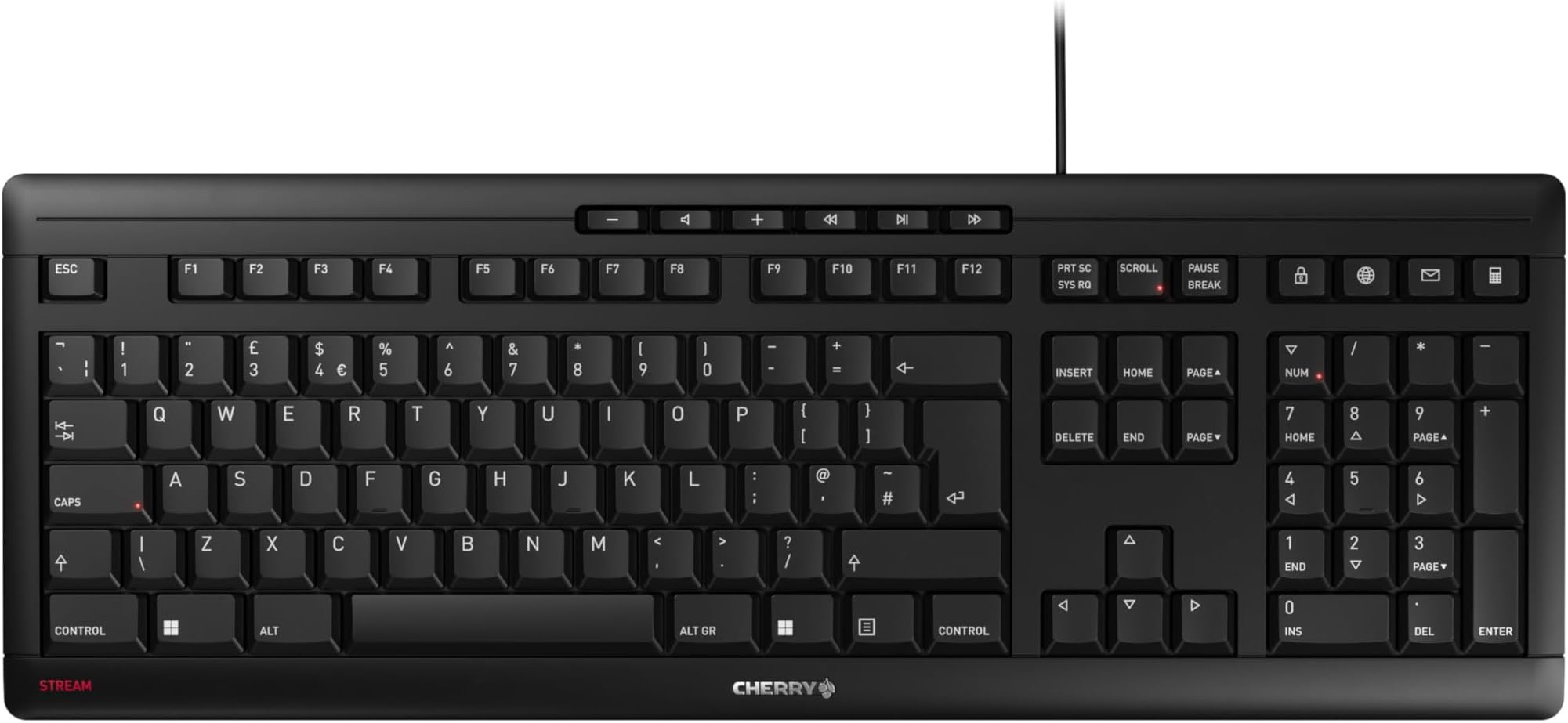 – CHERRY STREAM KEYBOARD, Wired Keyboard, UK Layout (QWERTY), Whisper-Quiet Keystrokes, Unique Typing Experience, Flat Design, Black