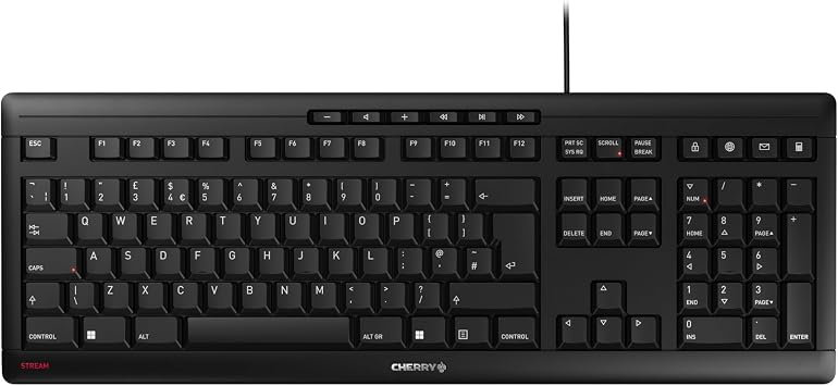 CHERRY STREAM KEYBOARD, Wired Keyboard, UK Layout QWERTY, Whisper-Quiet Keystrokes, Unique Typing Experience, Flat Design, Black