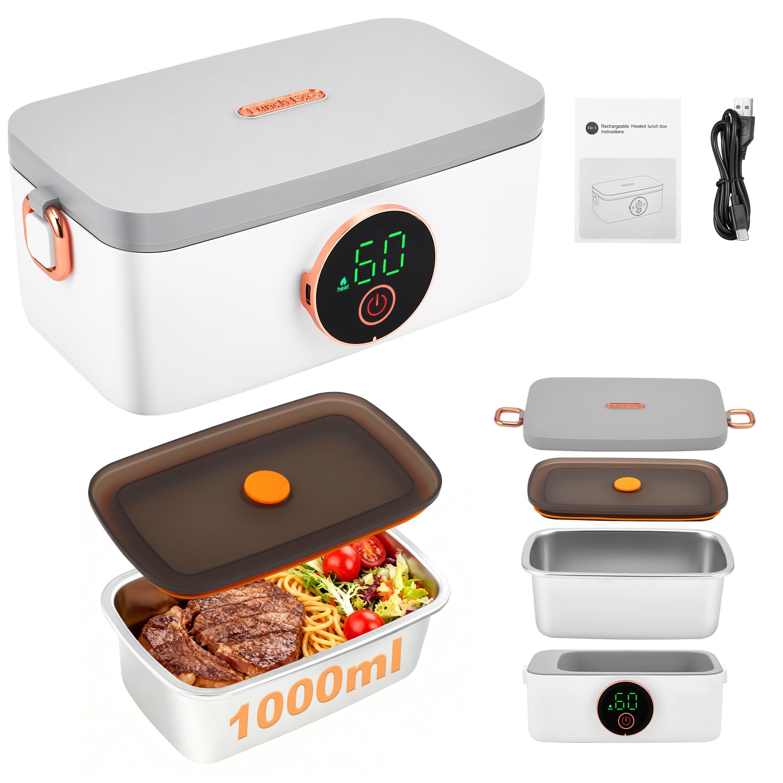 Fiambrera eléctrica con batería 16000mAh 1L Fiambrera calefacción inalámbrica para adultos función de calentamiento automático, Fiambrera calefacción por USB, Contenedor interior de acero inoxidable
