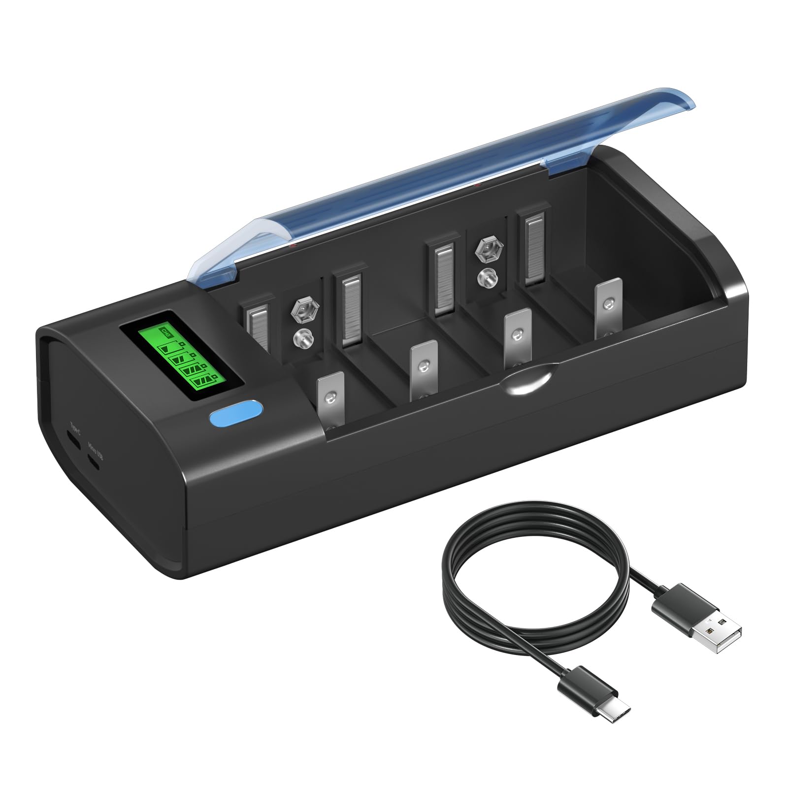 Caricabatterie AA AAA C D 9 V – Caricatore Universale per Batterie AA AAA C D 9 V NiMH NiCD, Funzione di Scarica e Display LCD Ricarica Rapida (Micro USB o tipo C)