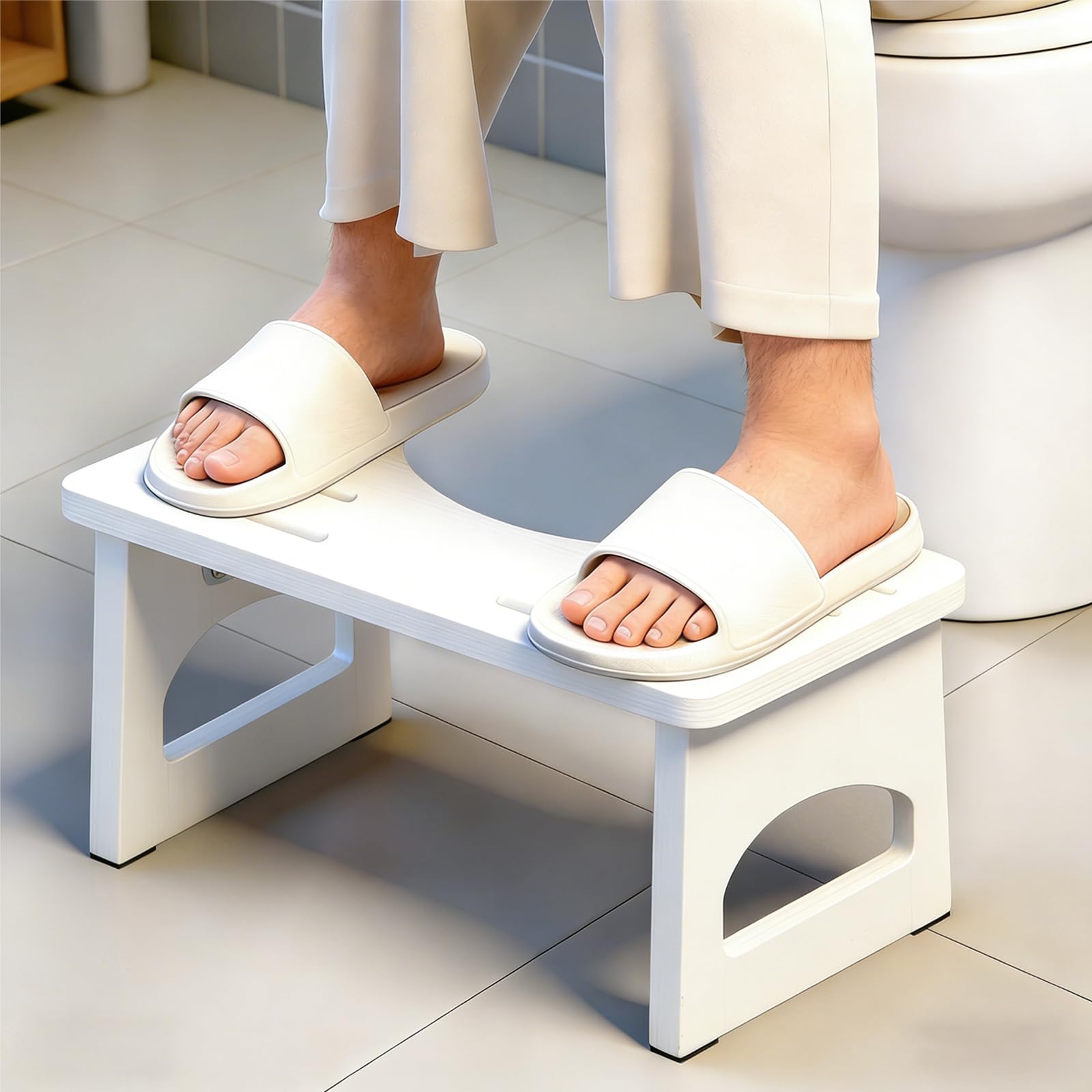 RayLove Taburete de Inodoro fisiológico de bambú, Taburete Plegable para Inodoro, Taburete Plegable de Madera con Forma de C Resistente a 35 Grados (Blanco Claro