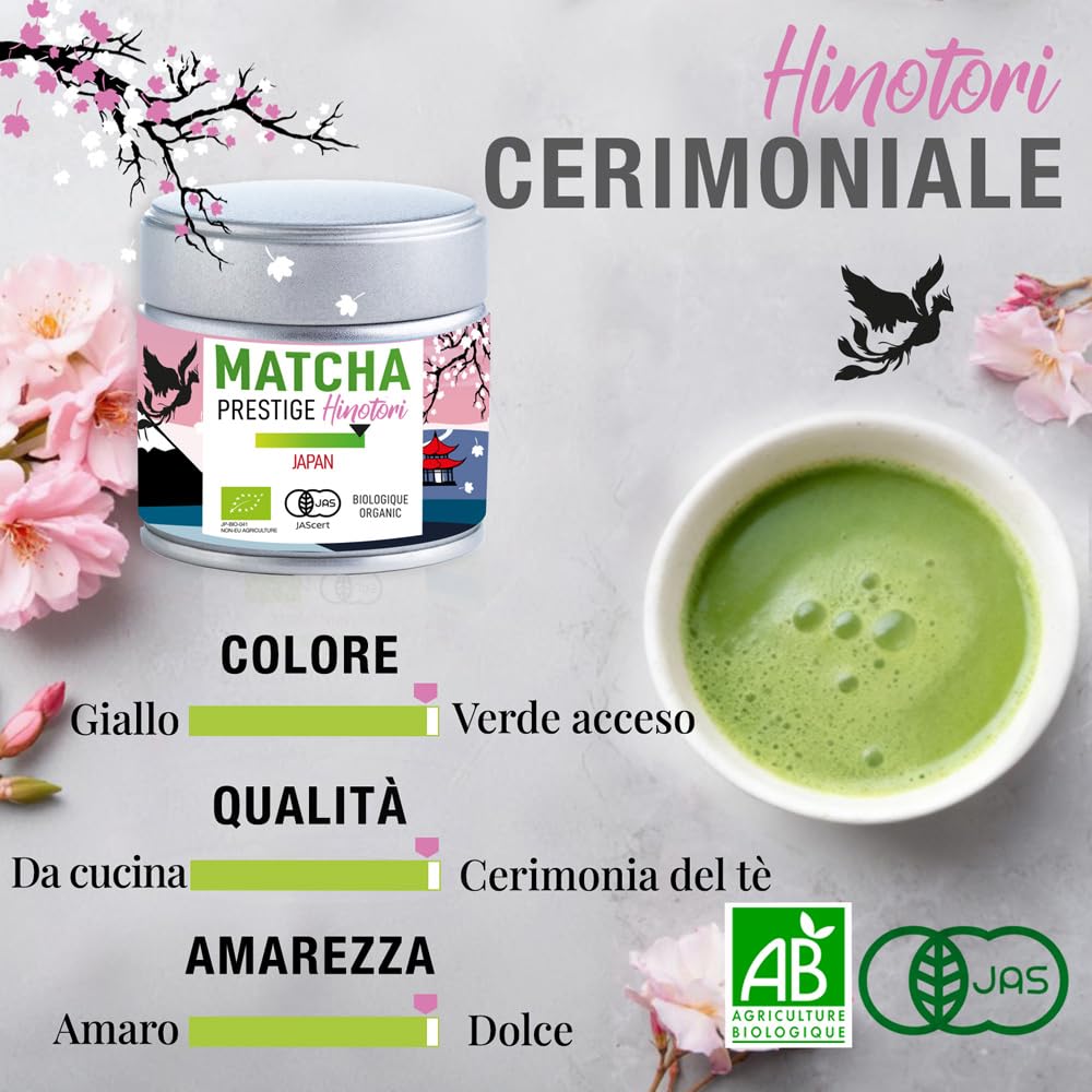 ORIGEENS TE MATCHA CERIMONIALE BIO PRESTIGE HINOTORI - Tè matcha BIO giapponese in polvere – Usucha/Koicha/Matcha Latte - Scatola 30g, Matcha Tea