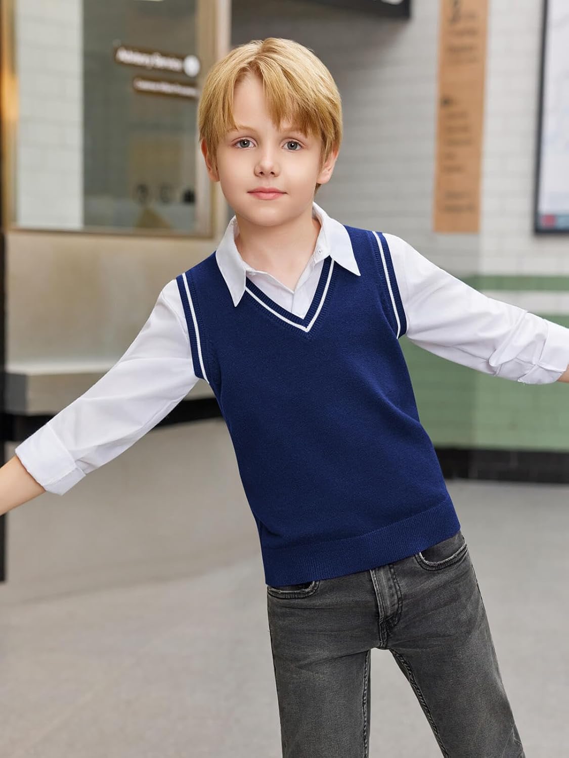 Haloumoning Boys Sweater Vest Kids Uniform Vest Casual V Neck Knit Pullover Sweater 5-14Y - Image 5