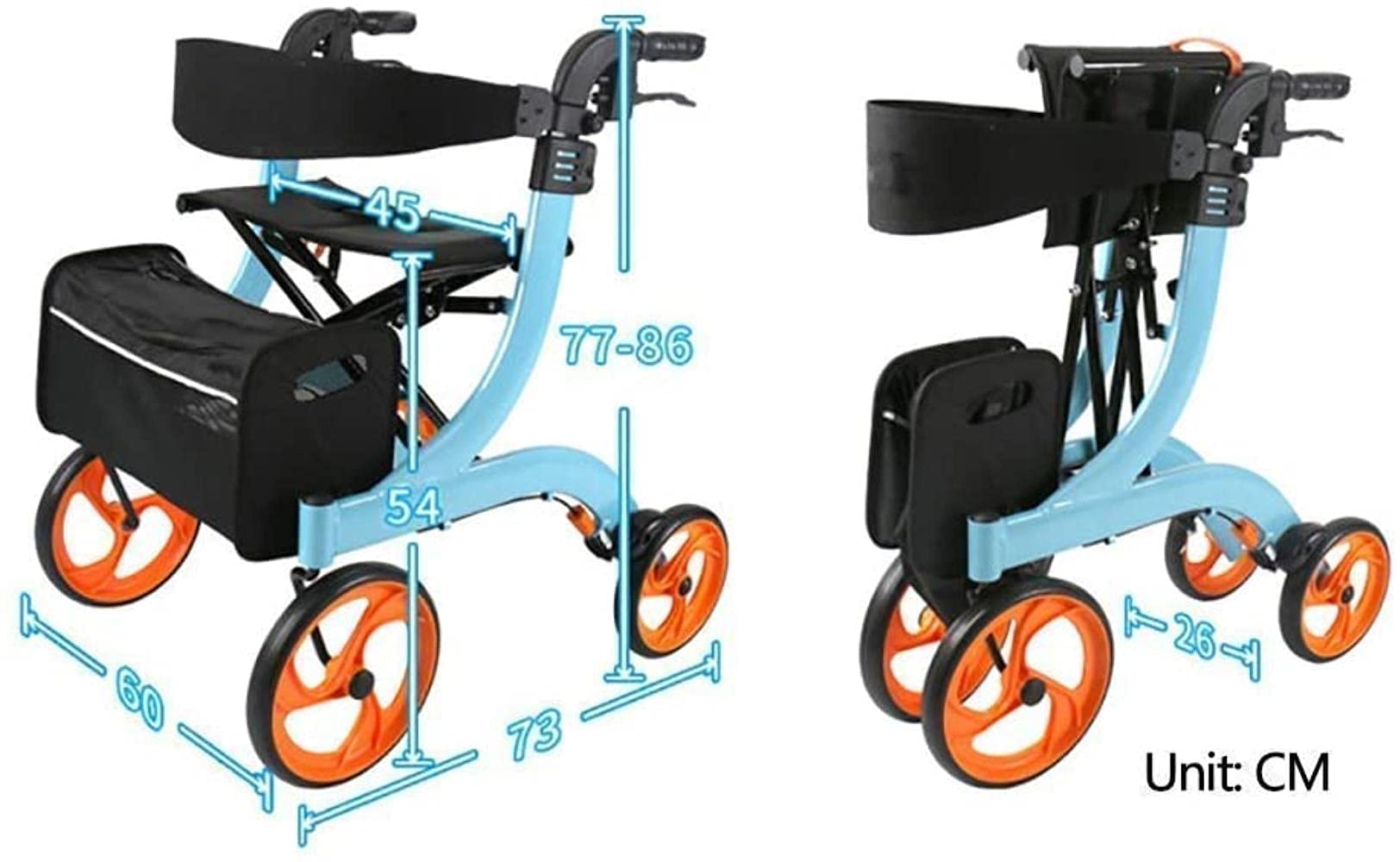 Deambulatore con sedile, sistema di frenata, maniglie e schienale confortevoli, carrello della spesa pieghevole, deambulatore per anziani, ausili per la mobilità