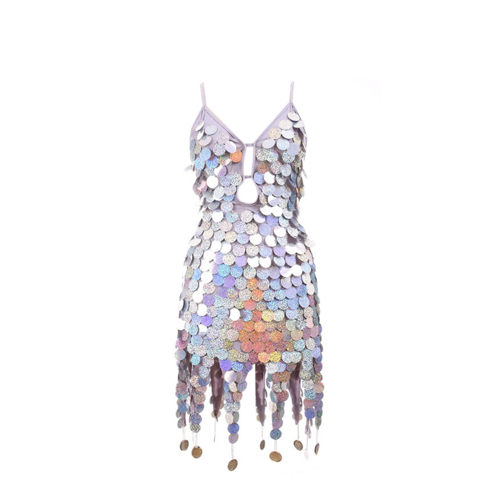 HKYBCF Sequin Fringe Dress Women Sequin Fish Scales Tassel Dress Belly Dance Performance Sparkly Dress Festival Clothes Rave Party Costume(Color:Silver)