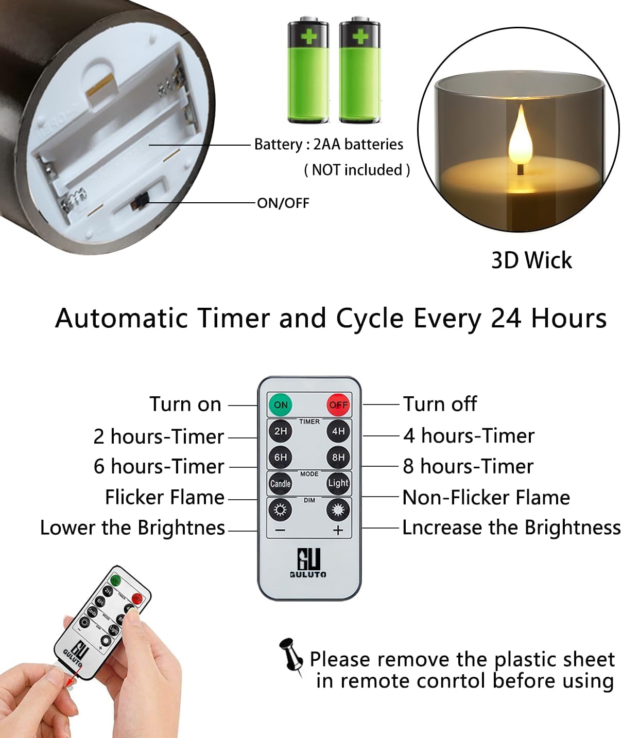 Flameless Flickering Candles, Non-breakable Battery Operated Candles, D 3" xH 4", Set of 2, Led Acrylic Grey Electric Pillars Candle with Remote and Timers for Wedding Party Romantic Decor