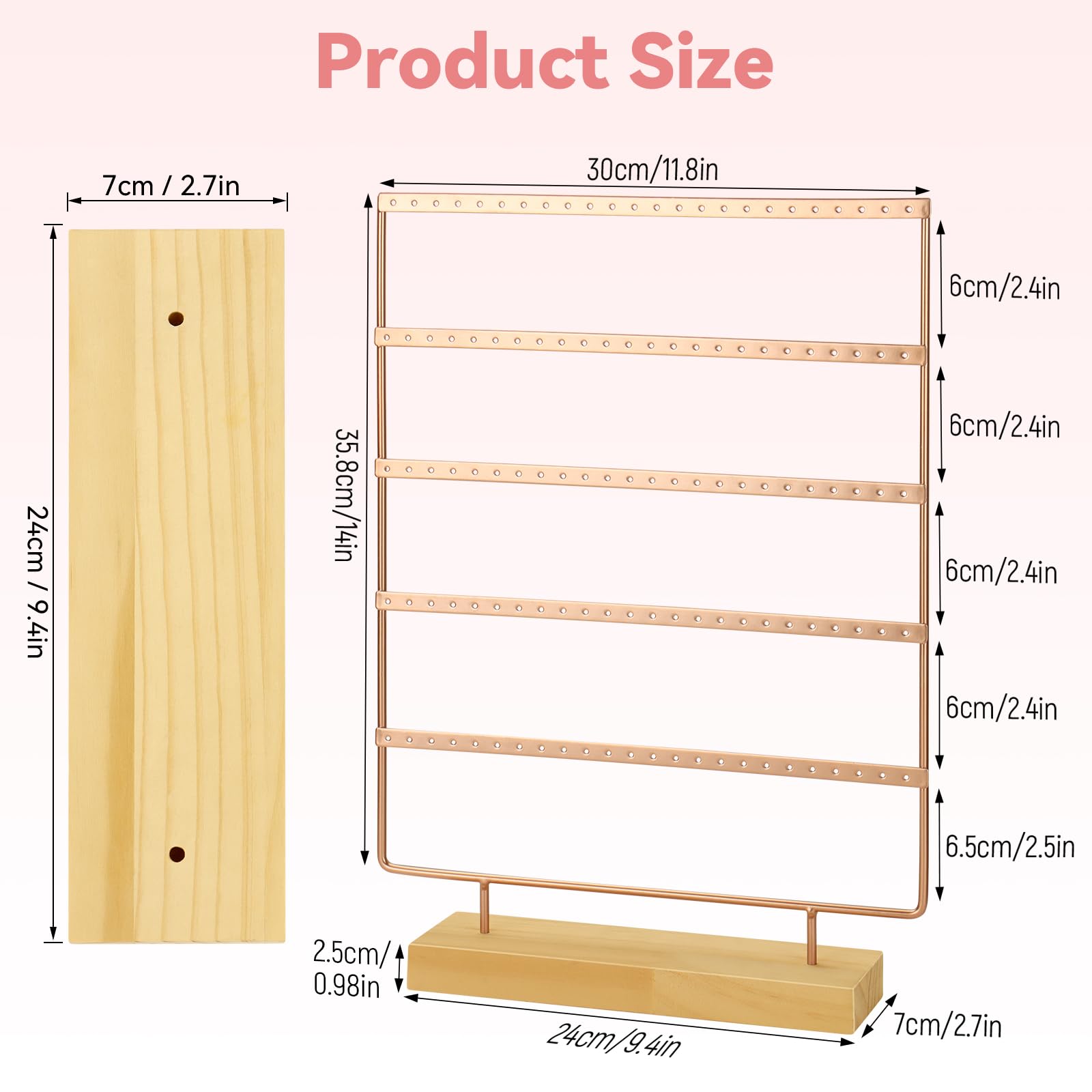 Organizzatore per Orecchini a 5 Ripiani con 120 Fori, Organizzatore per Gioielli in Metallo Antiruggine e Base in Legno per 60 Coppie di Orecchini, Adatto per la Conservazione Domestica e