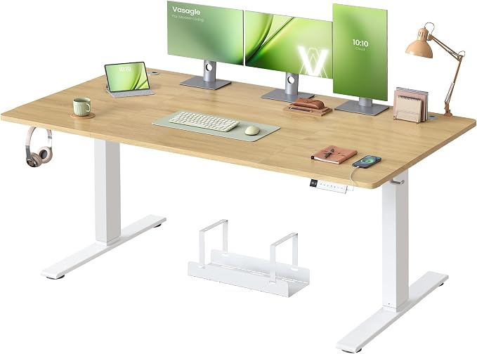 VASAGLE Bureau Électrique Réglable en Hauteur, 160 x 80 cm, avec Port USB-C, Support pour Multiprise, Rappel de Sédentarité, Fonction Mémoire 3 Hauteurs, Télétravail, Couleur Chêne Naturel LSD146YA02