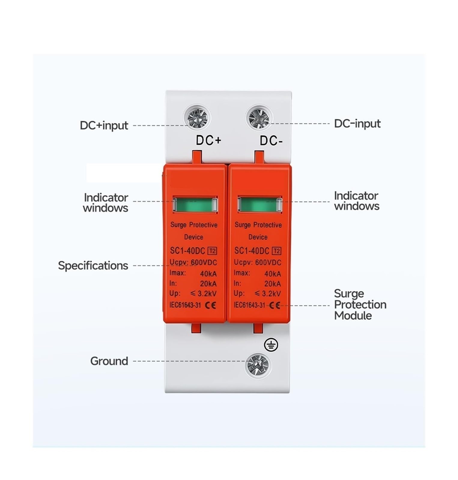 Parafoudre SPD 2P DC parafoudre Rouge Orange 500V 600V 1000V Dispositif de Protection Contre Les surtensions photovoltaïques(600V,Orange)