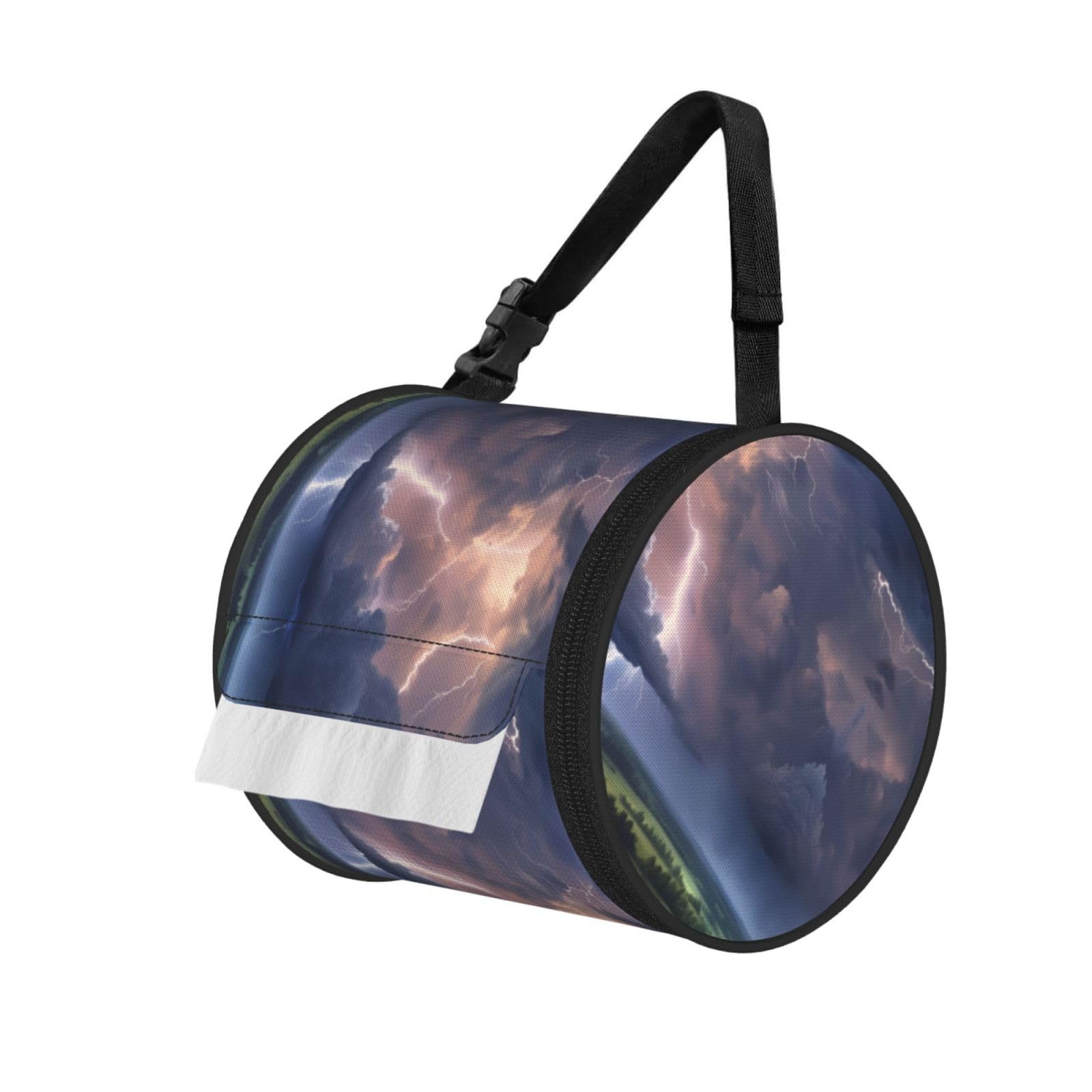 Thunder Landscape Print Cylinder Bathroom Tissue Holder With Buckle Strap, Portable Paper Case For Road Trips