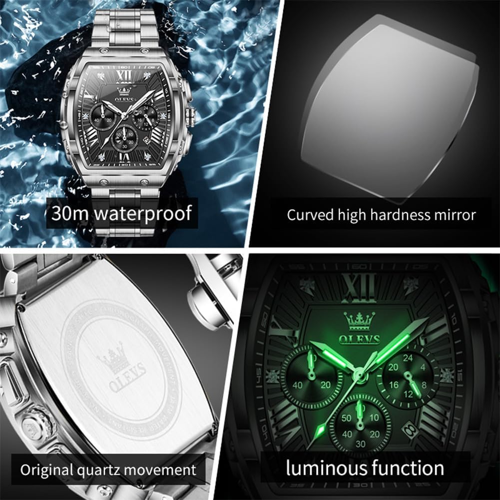 OLEVS Men's Wrist Watches Square Face Luxury Dress Fancy Original Watches for Men Stainless Steel Chronograph Waterproof Nice Big Sports Watch Men Classic Business Formal Adjustable Quartz Mens Watch - Image 7